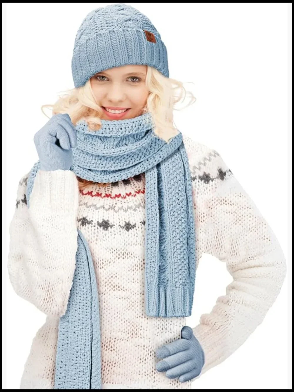 Warm Knit Touchscreen Gloves Set with Scarf and Beanie Hat Women Winter